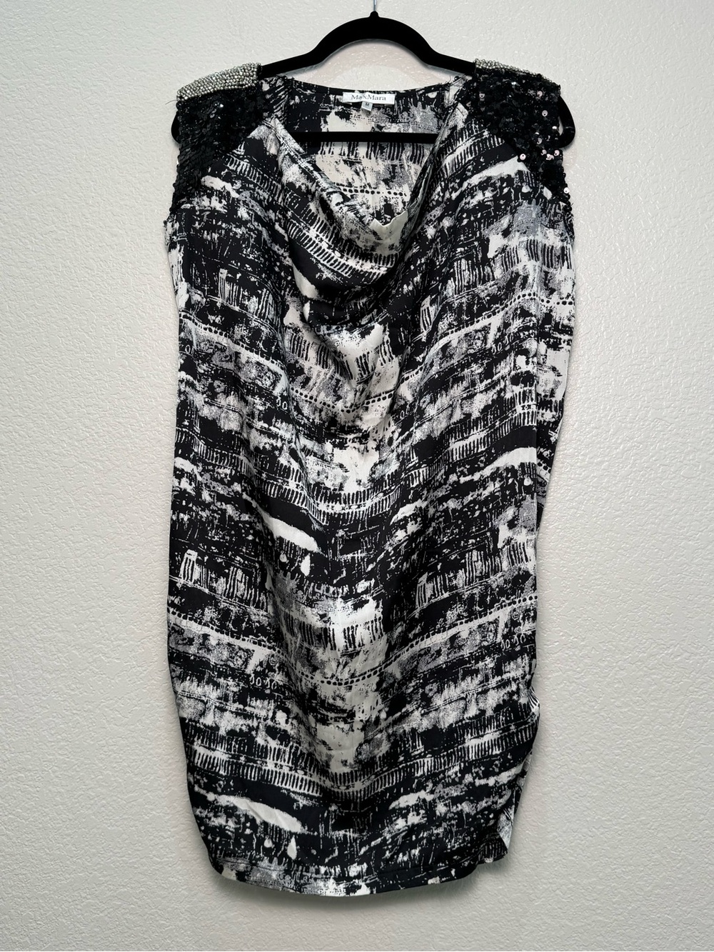 MaxMara Dress M Black White Sequin Beaded Crystal Shoulder Cowl Neck